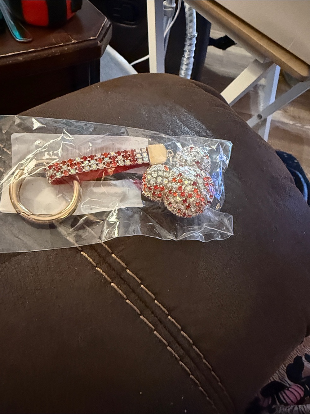 Rhinestone Mouse head shape Keychain - Red and Clear Crystal Accent
